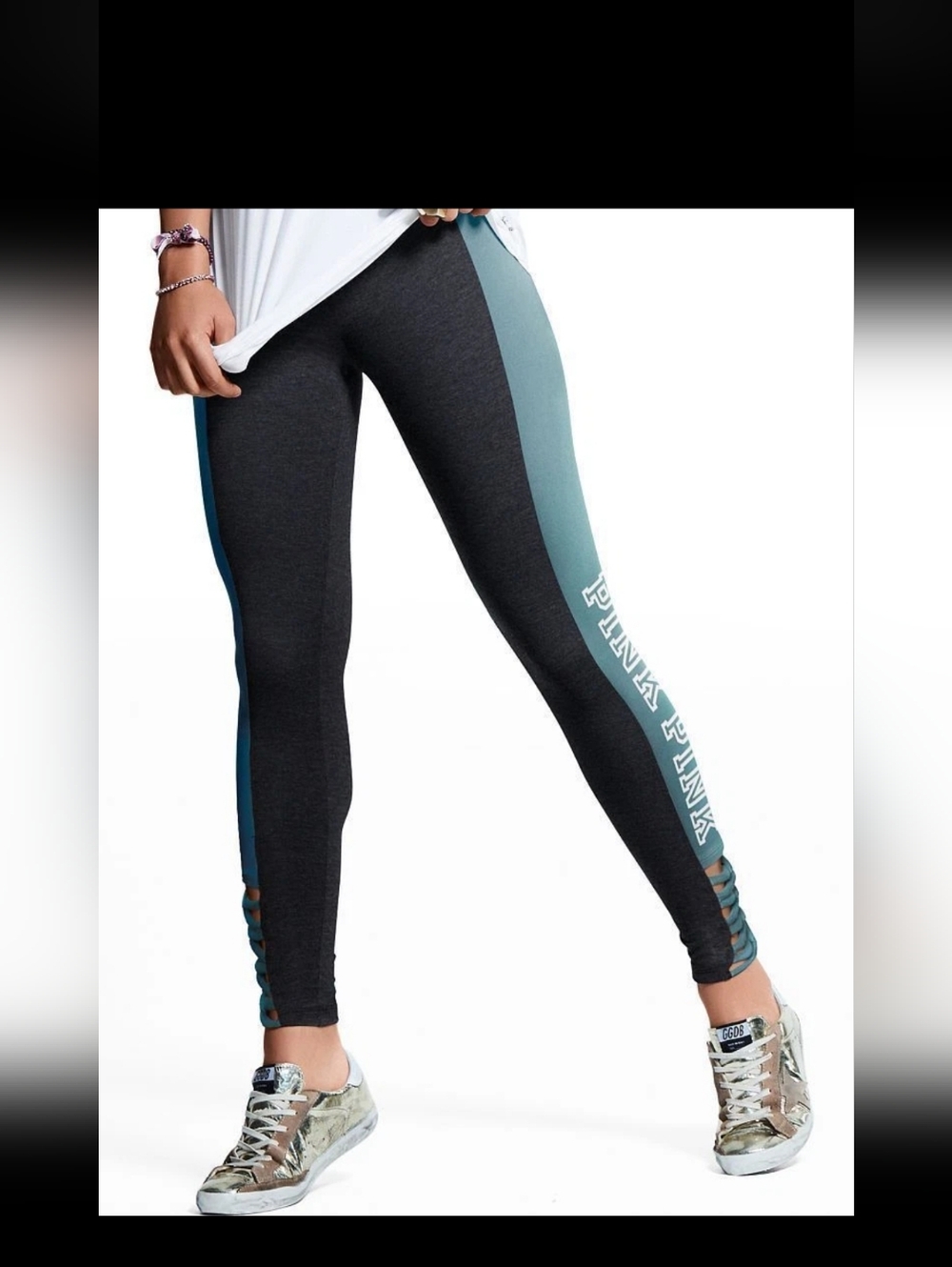 PINK Victoria's Secret Dark Gray and Teal Colorblock Leggings